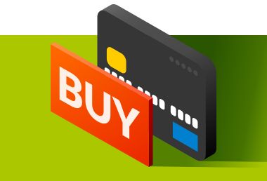 Kreditu-txartel ilun baten 3Dko irudia, eta aurrean Buy jartzen duen kartel bat.