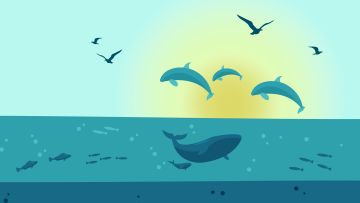Ilustración de delfines saltando y una ballena en el mar
