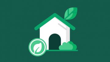 Ilustración en tonos verdes de una casa con hojas