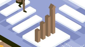 Ilustración de una persona bajando unas escaleras hacia un gráfico