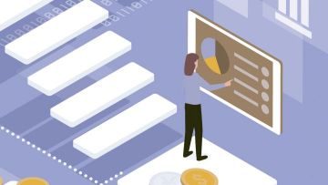 Ilustración de una mujer revisando una pantala con un gráfico