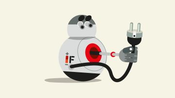 Irudian, bola formako robot bat ageri da, sabelatik entxufe bat ateratzen.