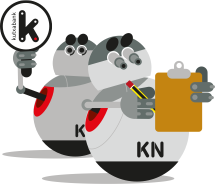 Bi robot ageri dira, bata zerrenda bat aztertzen eta bestea Kutxabanken kartel batekin