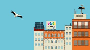Ilustración de una cigüeña sobrevolando unos edificios de Kutxabank Next