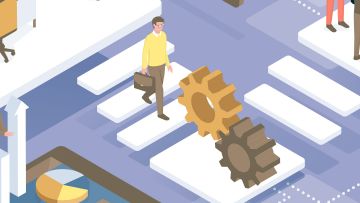 Ilustración de un hombre bajando unas escaleras hacia unos engranajes