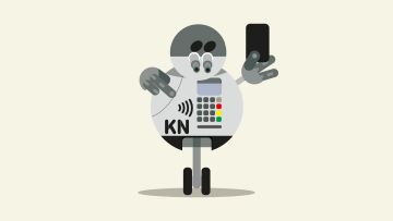 Ilustración de un robot con forma de bola mirando su tripa que es un cajero