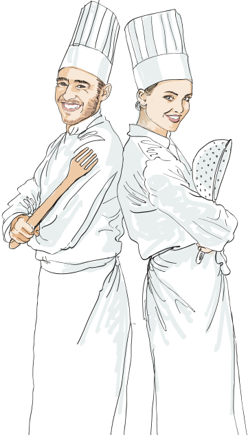 Ilustración de dos chefs apoyados uno en otro con herramientas de cocina