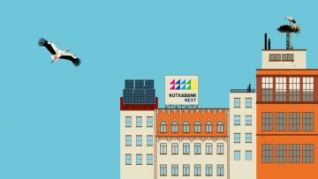 Ilustración de unas cigüeñas volando y en un nido en un edificio de Kutxabank Next