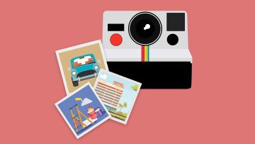 Ilustración de una cámara tipo Polaroid con fotos