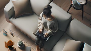 Una mujer sentada en un sofá consultando su portátil