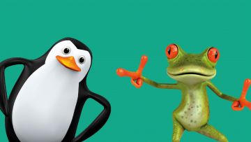 Ilustración de un pingüino y una rana verde mirando a cámara